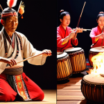 **Image Prompt 1:** A split screen. On the left, a vibrant shamanistic ritual in a rural village, featuring a shaman in traditional clothing playing a drum, surrounded by dancers and firelight. On the right, a serene concert hall with musicians playing traditional Chinese instruments like the guzheng, pipa, and erhu under soft stage lighting. The overall tone contrasts raw energy with refined artistry.