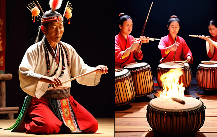 **Image Prompt 1:** A split screen. On the left, a vibrant shamanistic ritual in a rural village, featuring a shaman in traditional clothing playing a drum, surrounded by dancers and firelight. On the right, a serene concert hall with musicians playing traditional Chinese instruments like the guzheng, pipa, and erhu under soft stage lighting. The overall tone contrasts raw energy with refined artistry.