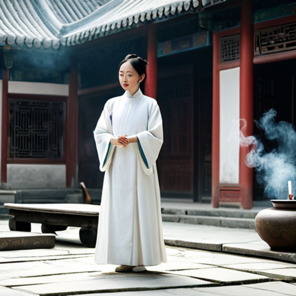 무속 의식 참여 후기 - **Image Prompt 1:** "A serene woman in a pristine white ceremonial robe, inside a tranquil, antique ...