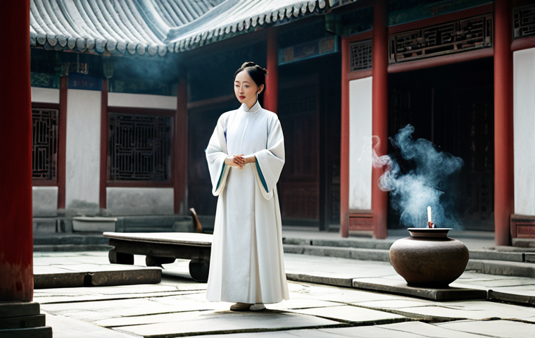 무속 의식 참여 후기 - **Image Prompt 1:** "A serene woman in a pristine white ceremonial robe, inside a tranquil, antique ...
