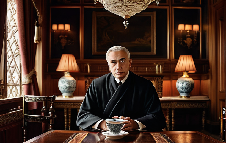 무속인과 유명 정치인의 관계 - **Prompt:** A discreet, luxuriously appointed private study or an elegant traditional tea room, diml...