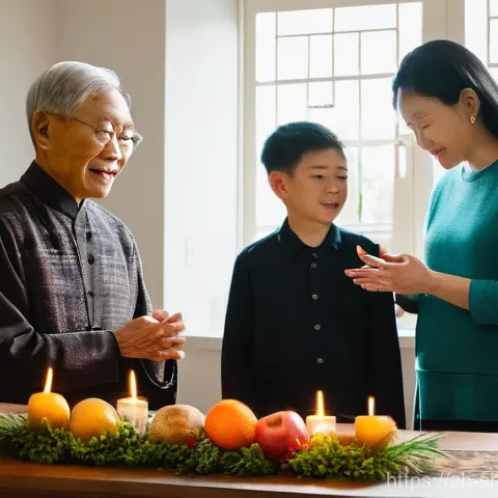 무속에서 조상 제사 - **Prompt:** "A warm, inviting image of a multi-generational East Asian family gathered in a modern, ...