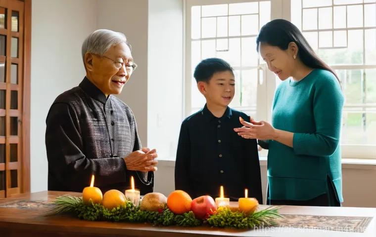 무속에서 조상 제사 - **Prompt:** "A warm, inviting image of a multi-generational East Asian family gathered in a modern, ...
