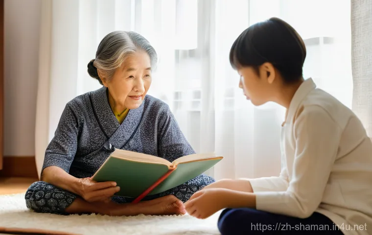 무속에서 조상 제사 - **Prompt:** "A thoughtful young East Asian adult, in their late 20s, is sitting comfortably in a sty...