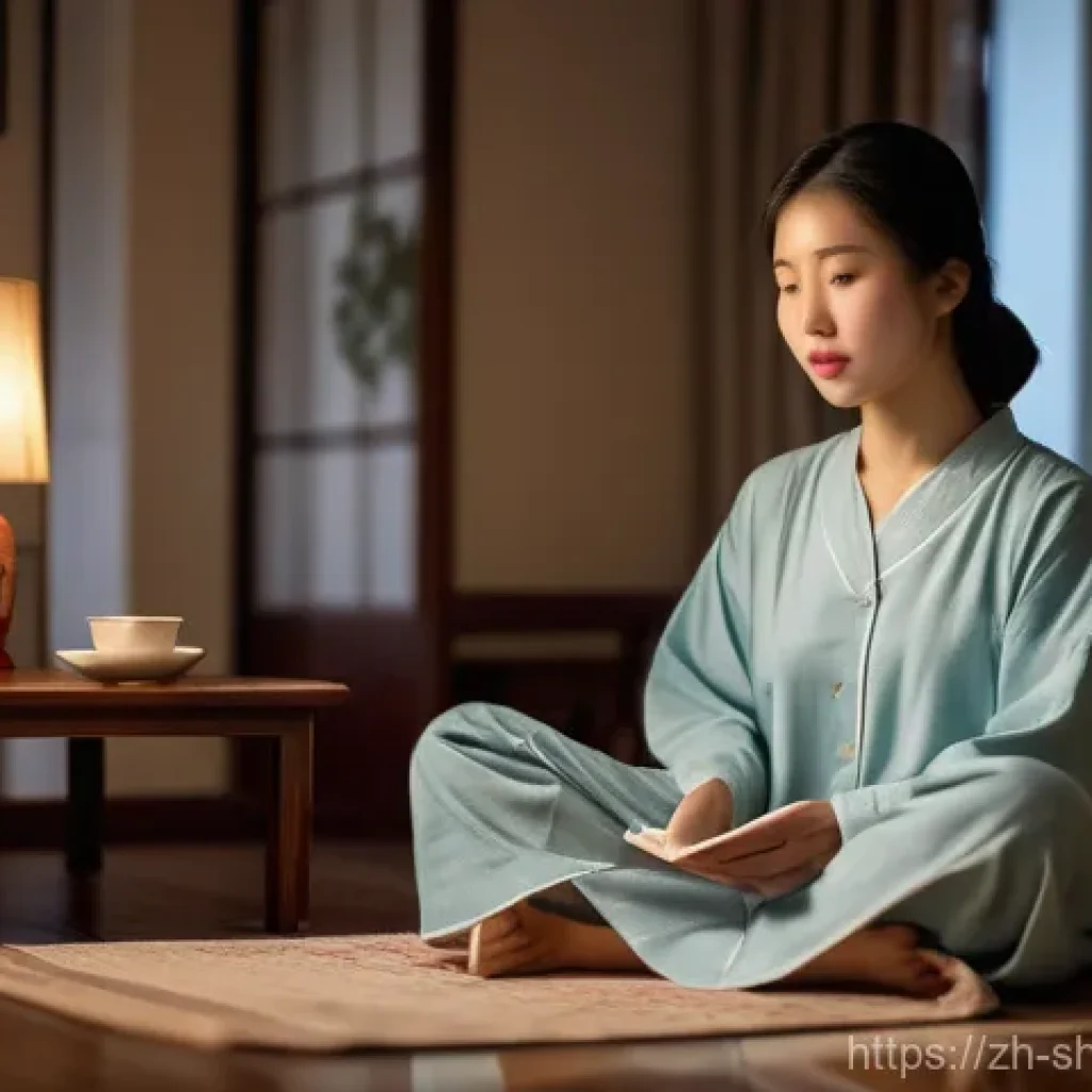 무속 신앙과 금기 행동 - A serene and introspective indoor scene featuring a young Chinese woman in her early twenties. She i...