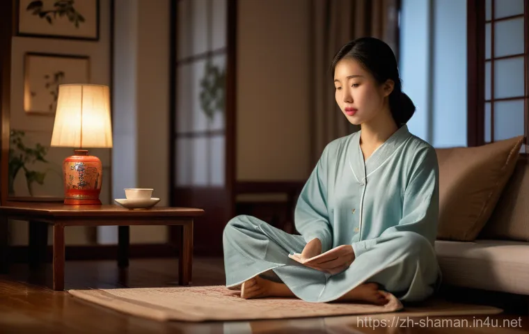 무속 신앙과 금기 행동 - A serene and introspective indoor scene featuring a young Chinese woman in her early twenties. She i...