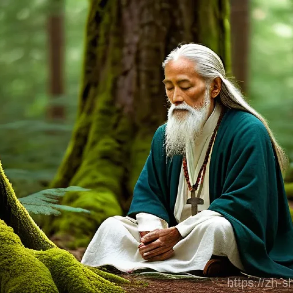 무속과 기독교의 관계 - **Prompt:** A serene and harmonious scene depicting the symbolic meeting of ancient Shamanic wisdom ...