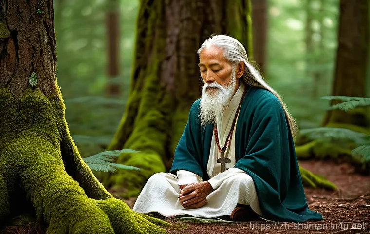 무속과 기독교의 관계 - **Prompt:** A serene and harmonious scene depicting the symbolic meeting of ancient Shamanic wisdom ...