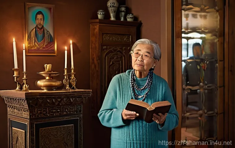 무속과 기독교의 관계 - **Prompt:** A serene and harmonious scene depicting the symbolic meeting of ancient Shamanic wisdom ...