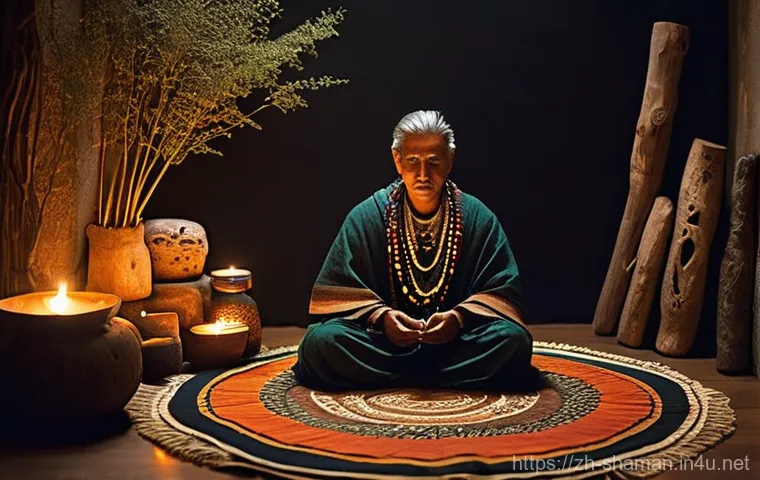 무속 음악의 종류와 특징 - **Prompt: "A profound Shamanic healing session in a dimly lit, sacred space. A shaman, respectfully ...