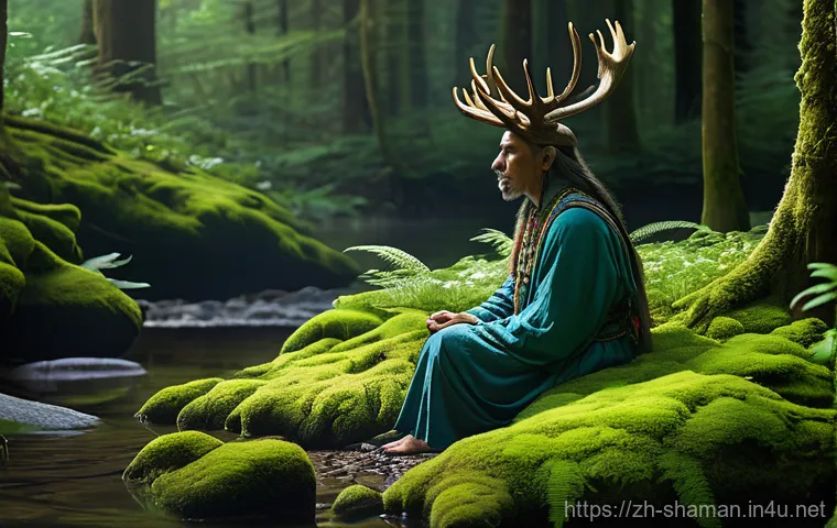무속 의식에서 환경보호 메시지 - **Prompt: The Earth's Whisper and Animistic Connection**
    "A serene, mystical forest scene bathed...