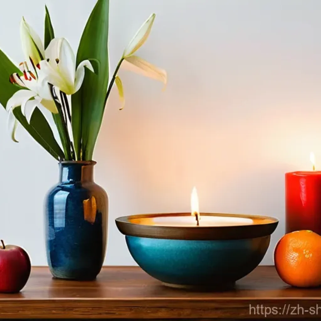 무속 신당 준비물 - **Prompt:** A beautifully arranged, serene home altar bathed in soft, warm light. The altar features...