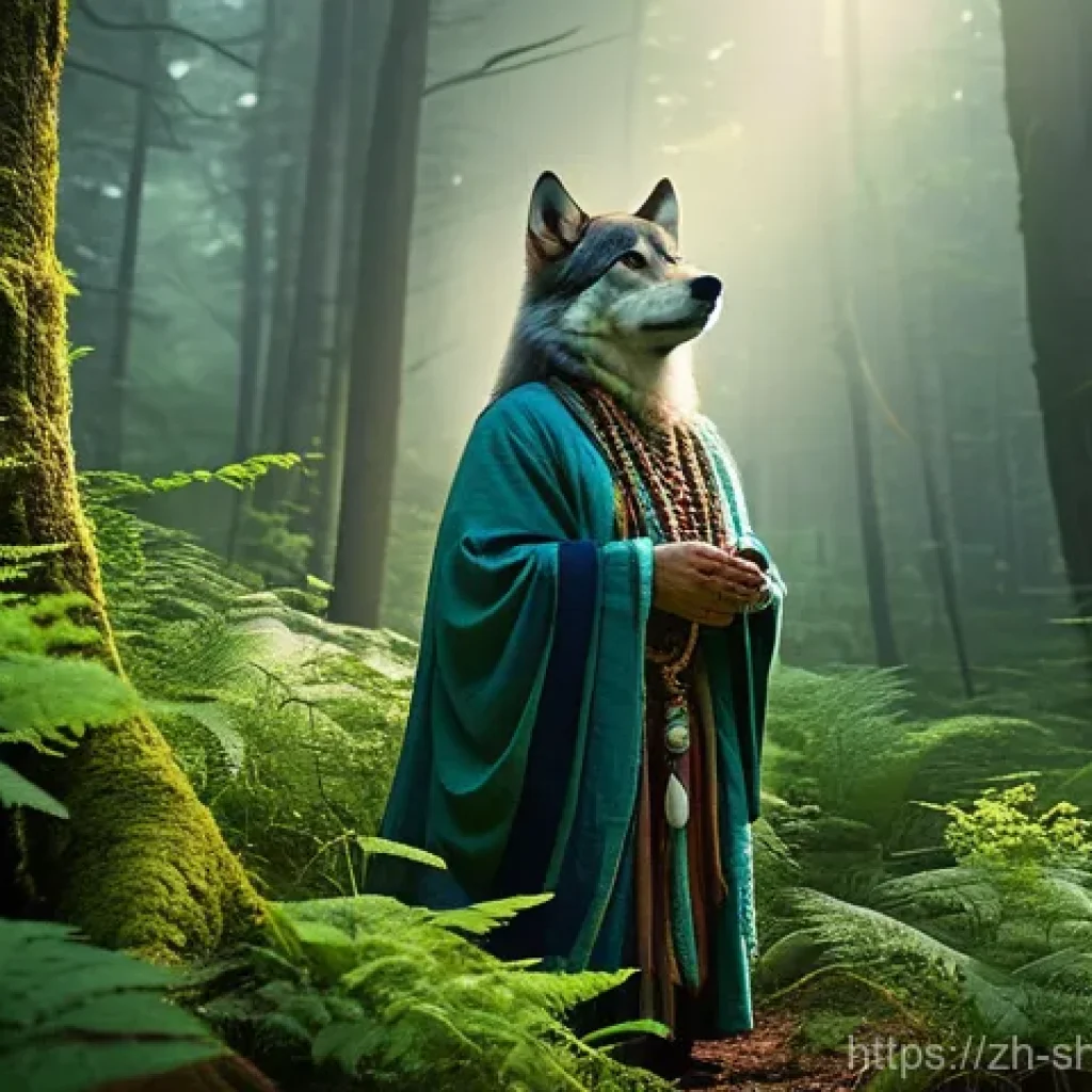 무속 신화와 전설 - **Prompt:** A serene, adult shaman, dressed in respectful, layered traditional garments made of natu...