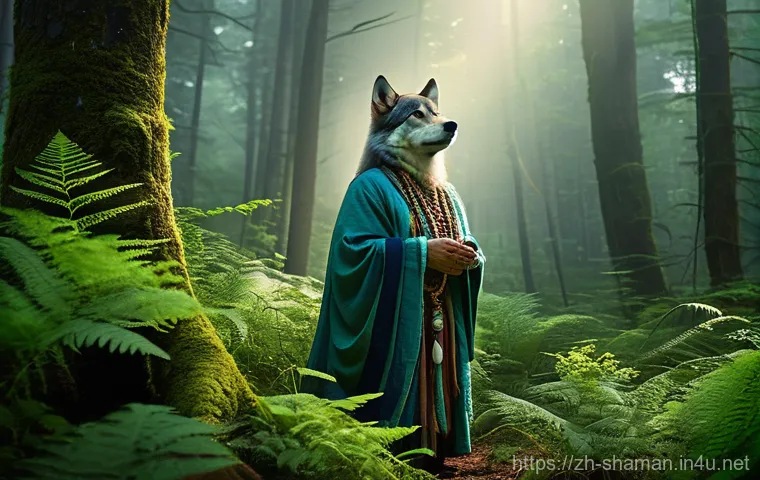 무속 신화와 전설 - **Prompt:** A serene, adult shaman, dressed in respectful, layered traditional garments made of natu...