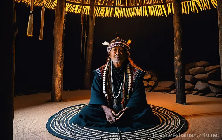 무속 신화와 전설 - **Prompt:** A serene, adult shaman, dressed in respectful, layered traditional garments made of natu... 무속 신화와 전설 - **Prompt:** A serene, adult shaman, dressed in respectful, layered traditional garments made of natu...