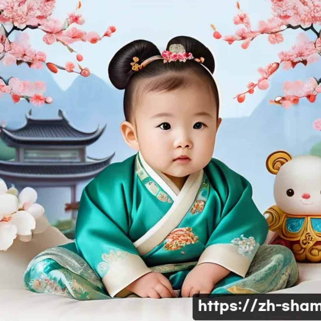 무속에서 사용하는 사주풀이법 - **Prompt:** A cute baby girl, around 1 year old, wearing a traditional Chinese-style silk diaper wit...