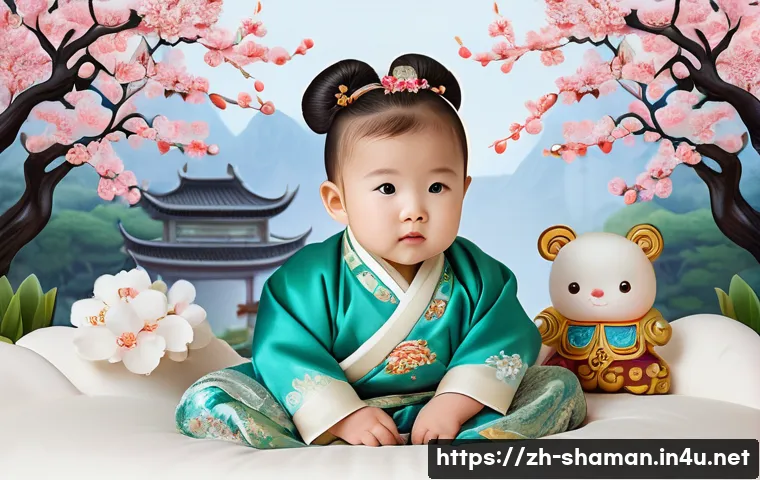 무속에서 사용하는 사주풀이법 - **Prompt:** A cute baby girl, around 1 year old, wearing a traditional Chinese-style silk diaper wit...