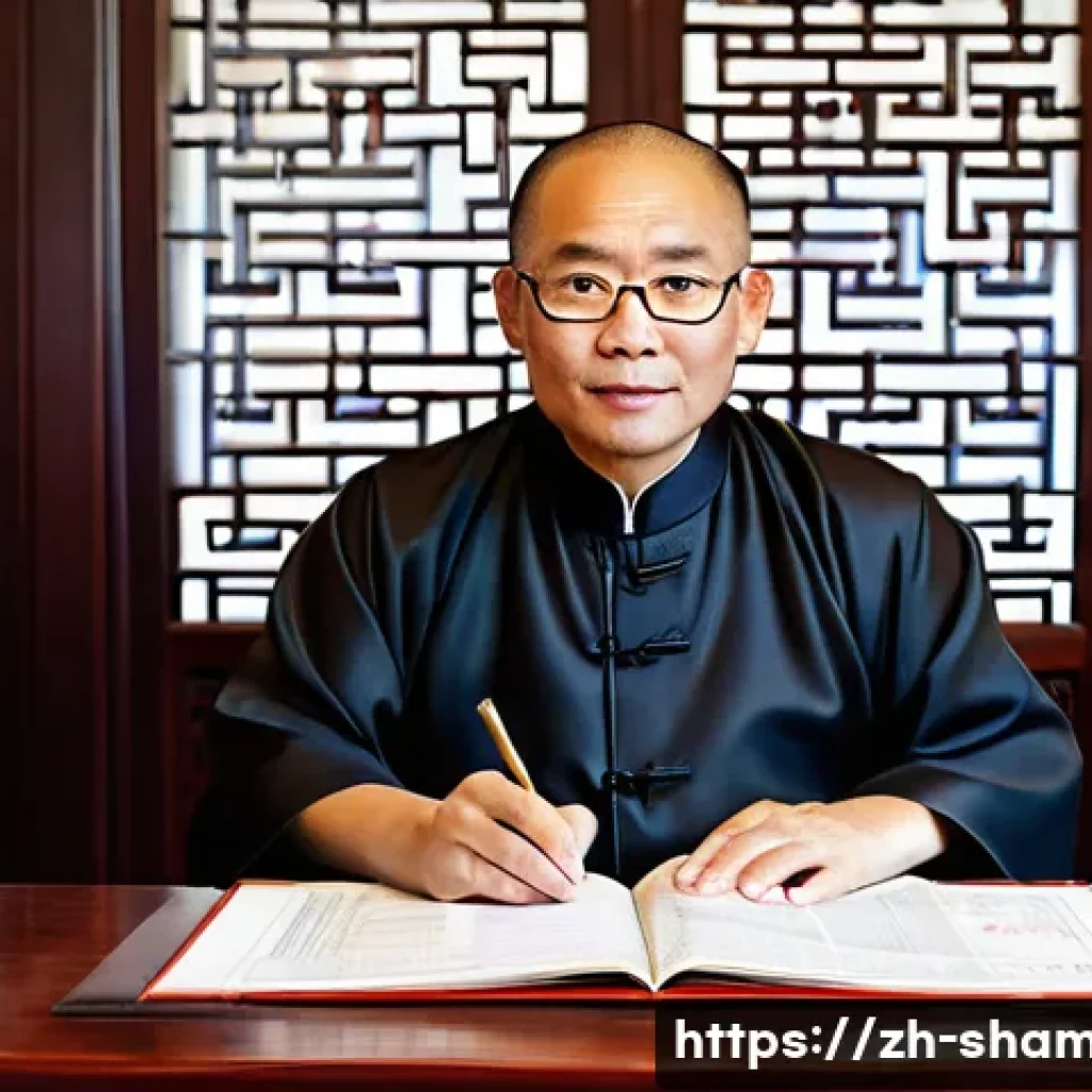 무속과 세금 문제 - **Prompt:** A wise-looking, middle-aged Chinese feng shui master, dressed in a neat, modernized trad...