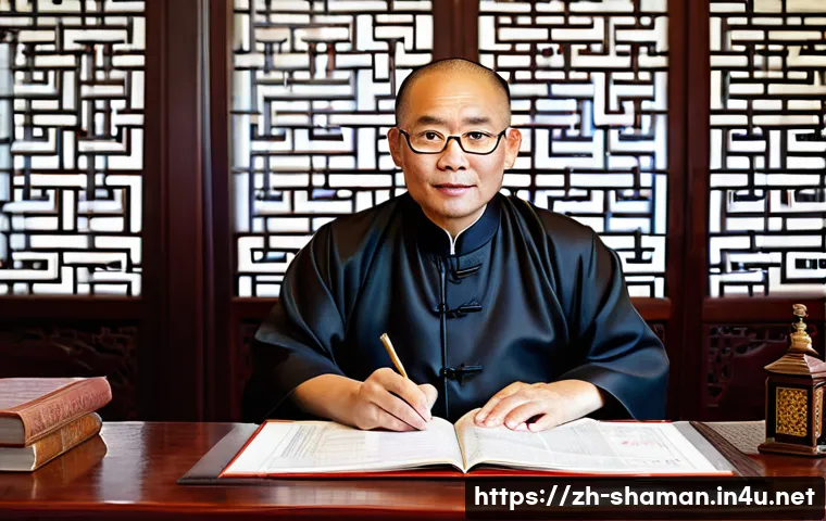 무속과 세금 문제 - **Prompt:** A wise-looking, middle-aged Chinese feng shui master, dressed in a neat, modernized trad...