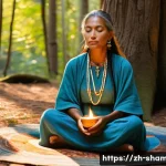 무속 굿 절차 - A wise female shaman, wearing modest, flowing earth-toned garments and subtle, traditional tribal je...