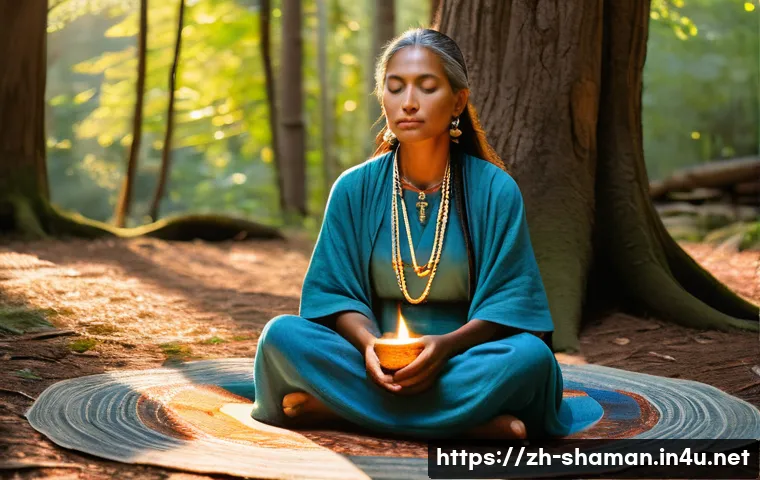 무속 굿 절차 - A wise female shaman, wearing modest, flowing earth-toned garments and subtle, traditional tribal je...